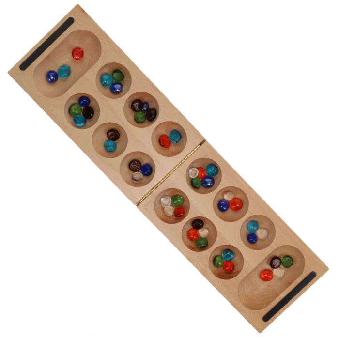 AFRICAN STONE GAME - SOLID FOLDING WOOD BOARD AND GLASS STONES (MANCALA) - Image 2