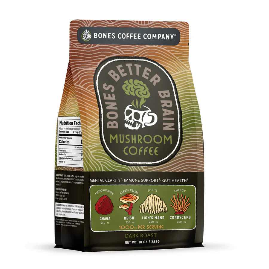 BONES COFFEE BETTER BRAIN MUSHROOM COFFEE DARK ROAST 10OZ GROUND COFFEE
