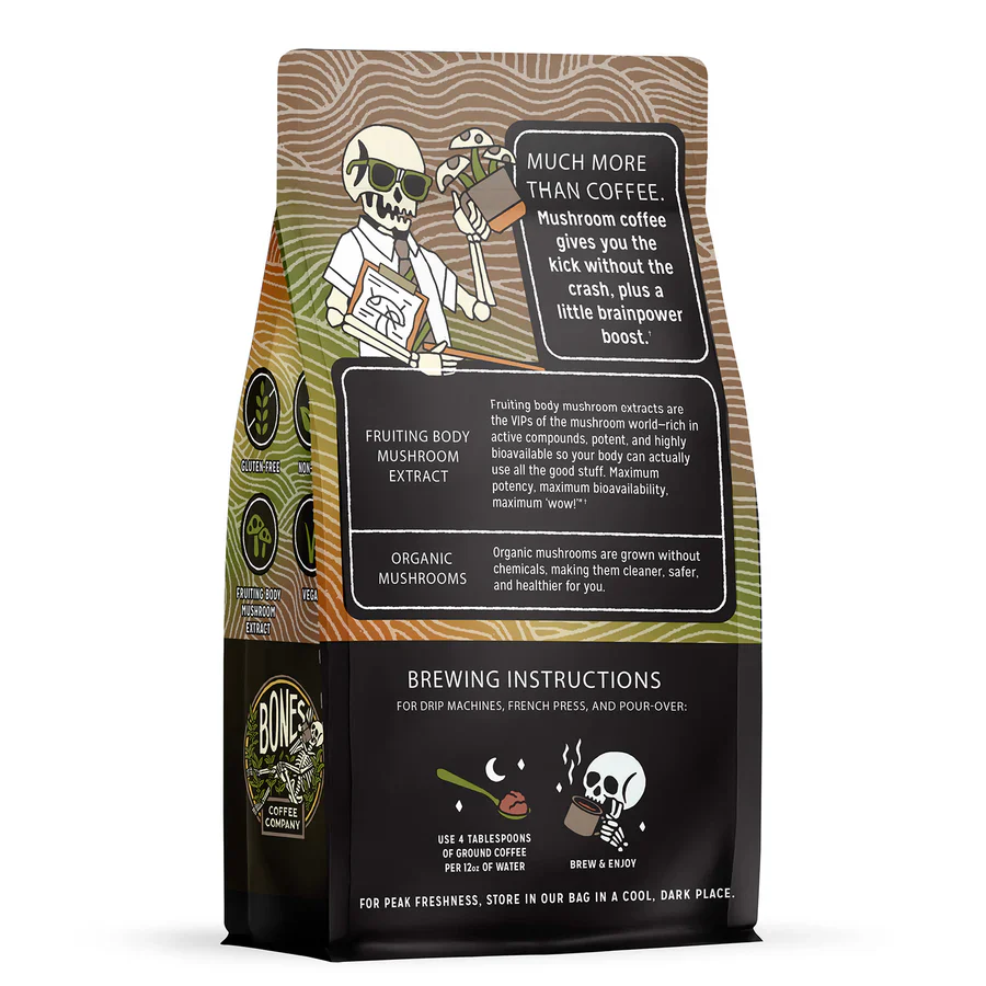 BONES COFFEE BETTER BRAIN MUSHROOM COFFEE DARK ROAST 10OZ GROUND COFFEE - Image 2