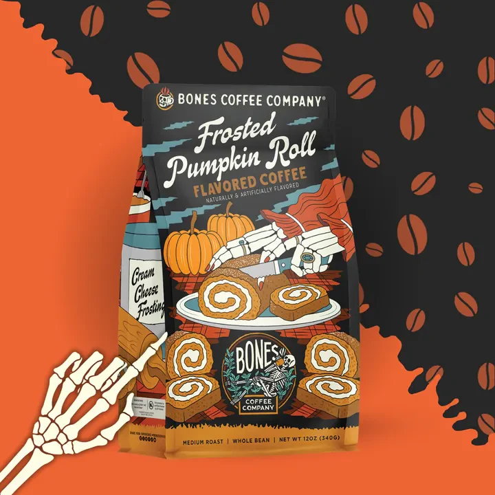 BONES COFFEE FROSTED PUMPKIN ROLL 12OZ WHOLE BEAN COFFEE