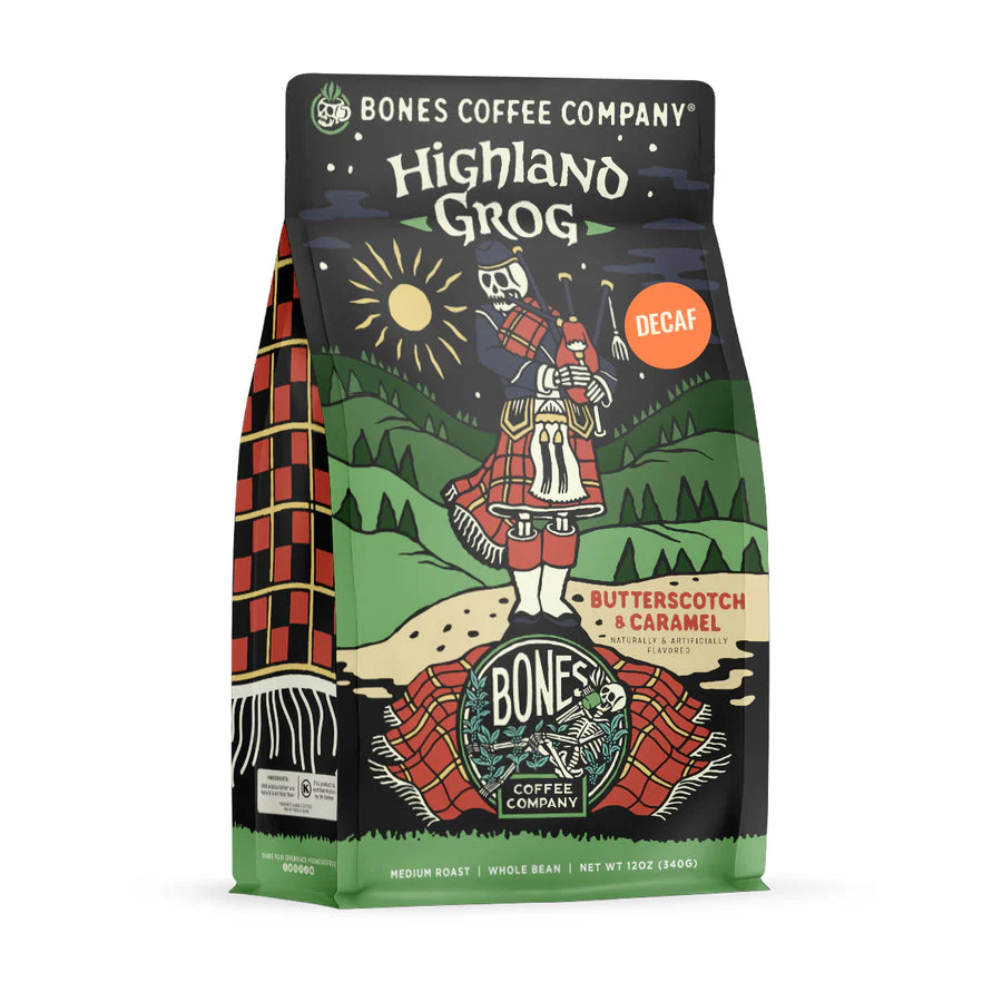 BONES COFFEE HIGHLAND GROG DECAF 12OZ WHOLE BEAN COFFEE