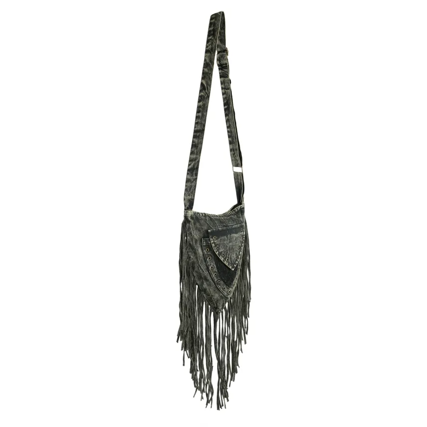 DARK GRAY STONEWASHED FRINGE TRIANGULAR PASSPORT BAG BY EARTH DIVAS - Image 2