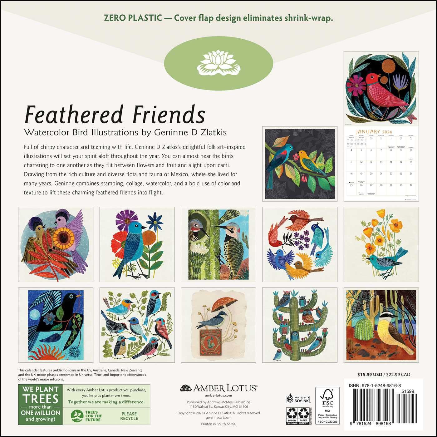 FEATHERED FRIENDS BY GENINNE ZLATKIS 2026 WALL CALENDAR - Image 2