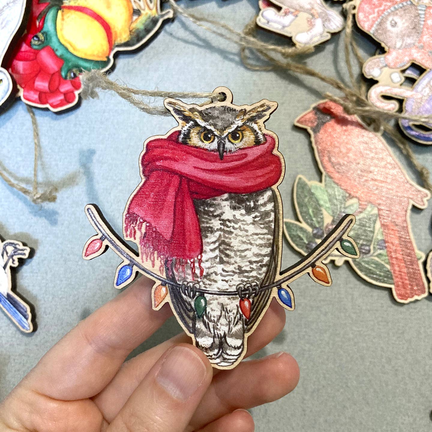 FESTIVE OWL WOODEN HOLIDAY ORNAMENT - Image 2