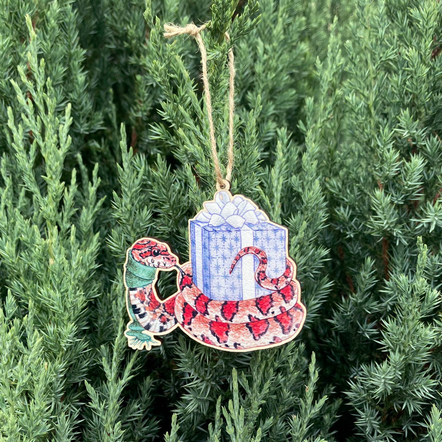 FESTIVE SNAKE WOODEN HOLIDAY ORNAMENT