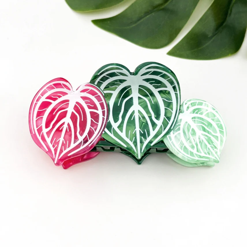 PINK AND GREEN LEAVES HAIR CLAW CLIP