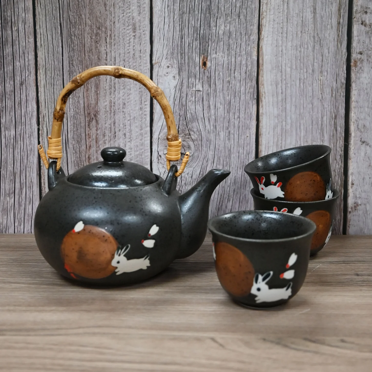 RABBITS UNDER THE MOONLIGHT CHINESE TEA SET (TEAPOT AND FOUR TEACUPS)