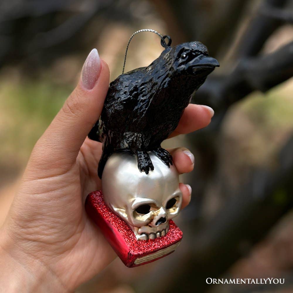RAVEN ON SKULL AND BOOK GLASS HOLIDAY ORNAMENT - Image 2