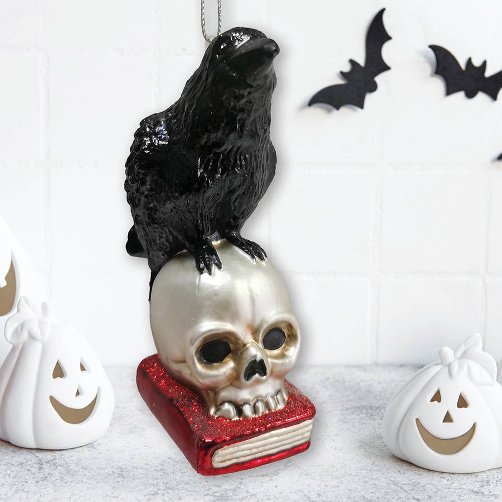RAVEN ON SKULL AND BOOK GLASS HOLIDAY ORNAMENT - Image 3