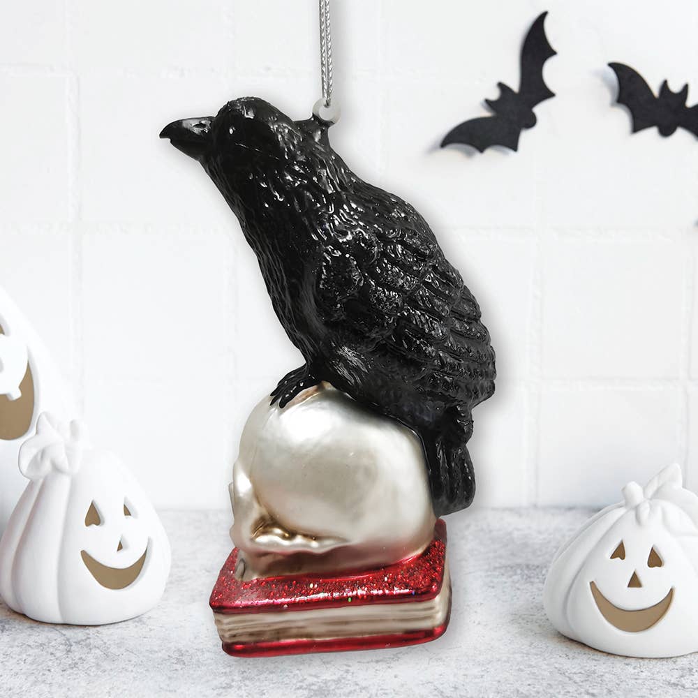 RAVEN ON SKULL AND BOOK GLASS HOLIDAY ORNAMENT - Image 4