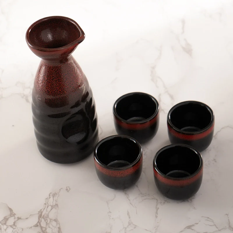 RED AND BLACK GLAZED 10oz SAKE SET