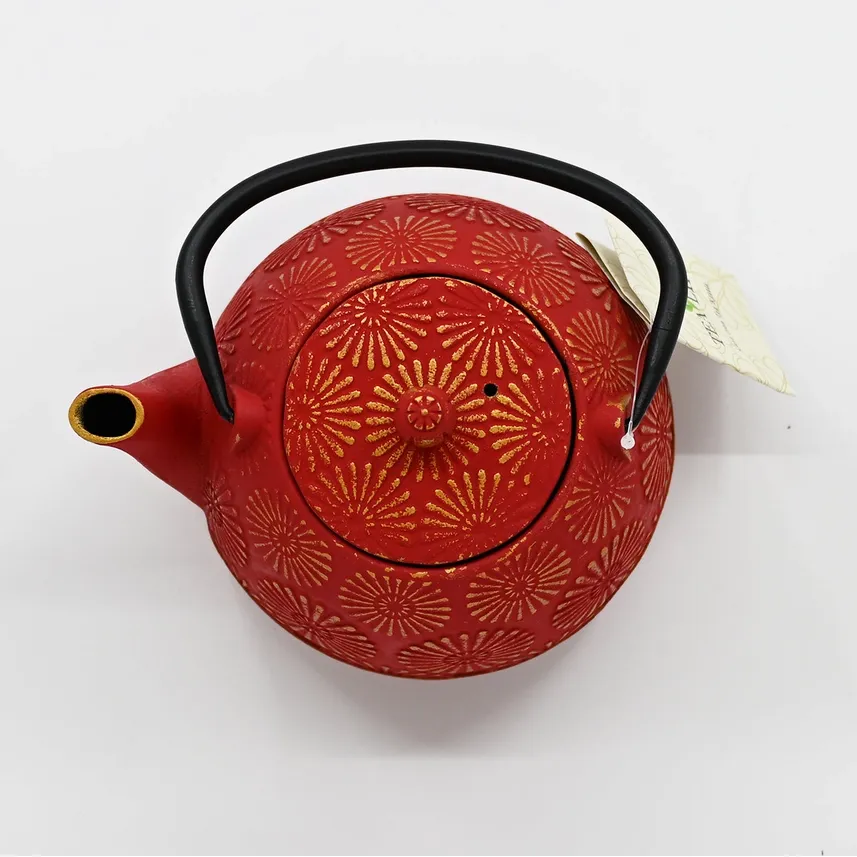 RED KIKU CHRYSANTHEMUM 40OZ CAST IRON TEA POT - Image 2
