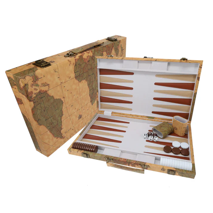 TAN MAP STYLE LEATHERETTE BACKGAMMON 18" X 11"