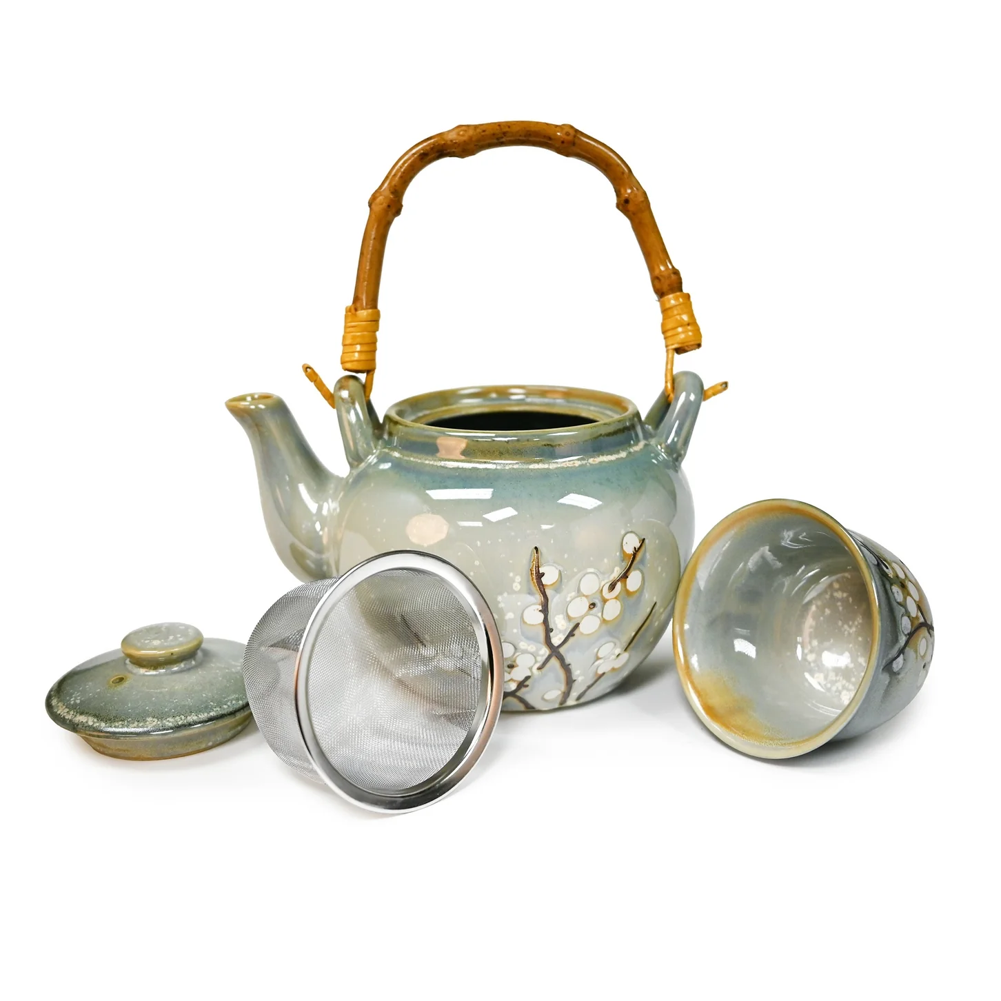 WHITE PLUM BLOSSOM TEA SET (TEAPOT AND FOUR TEACUPS) - Image 2