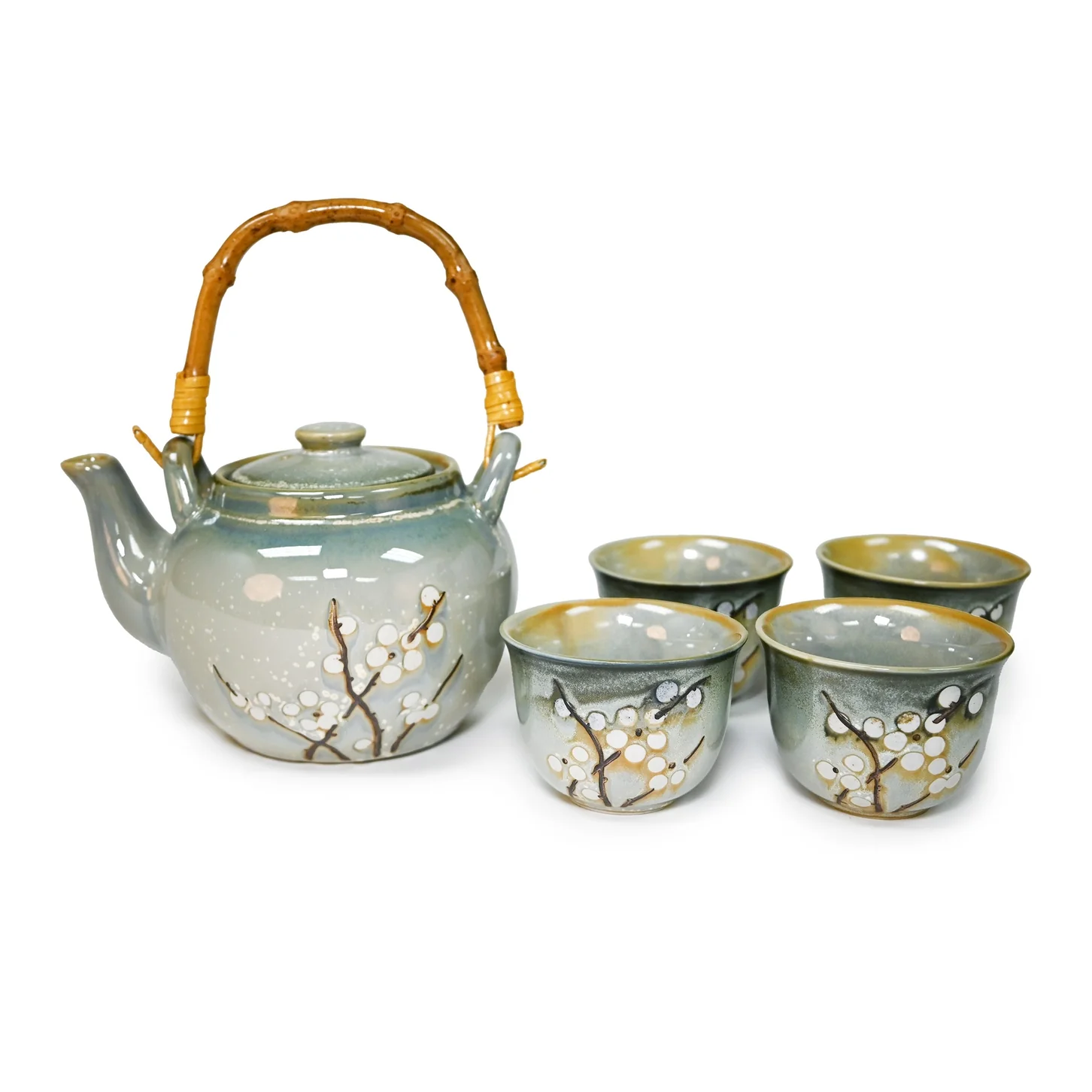WHITE PLUM BLOSSOM TEA SET (TEAPOT AND FOUR TEACUPS) - Image 3